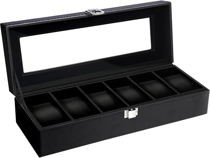Uten Watch Box, 6 Slots Watch Case, Watch Organizer Jewelry Storage with Large Glass Lid, Black Lining, Watch Display Box for Men & Women Gift - Image 1